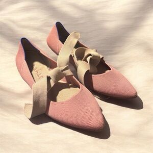 Rothy's Pink Pointed Knit Flats with Cream Ribbon